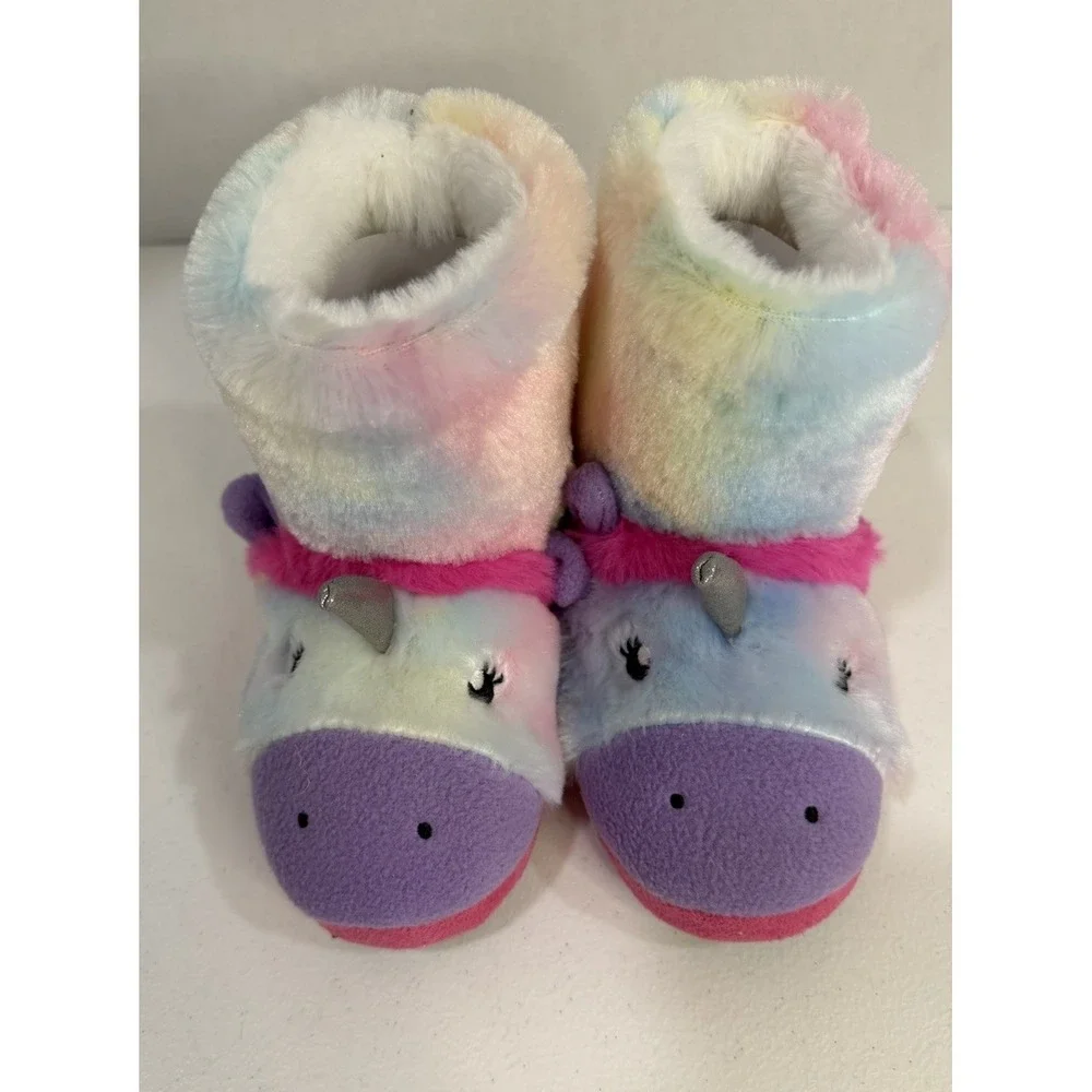 Totes Toasties Kids Unicorn Slipper Booties Rainbow Faux Fur Size 11-12 NEW Read